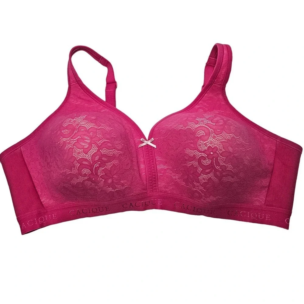 Cacique Lightly Lined No Wire Bra Pink Cotton/Lace 46C‎ Hot Pink Wireless